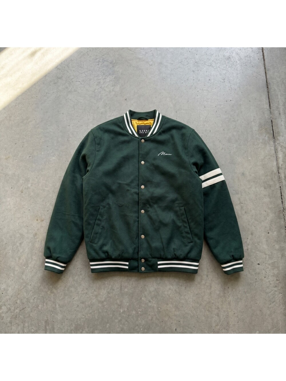 boohooMAN MAN Script Wool Varsity Bomber Green M NWT